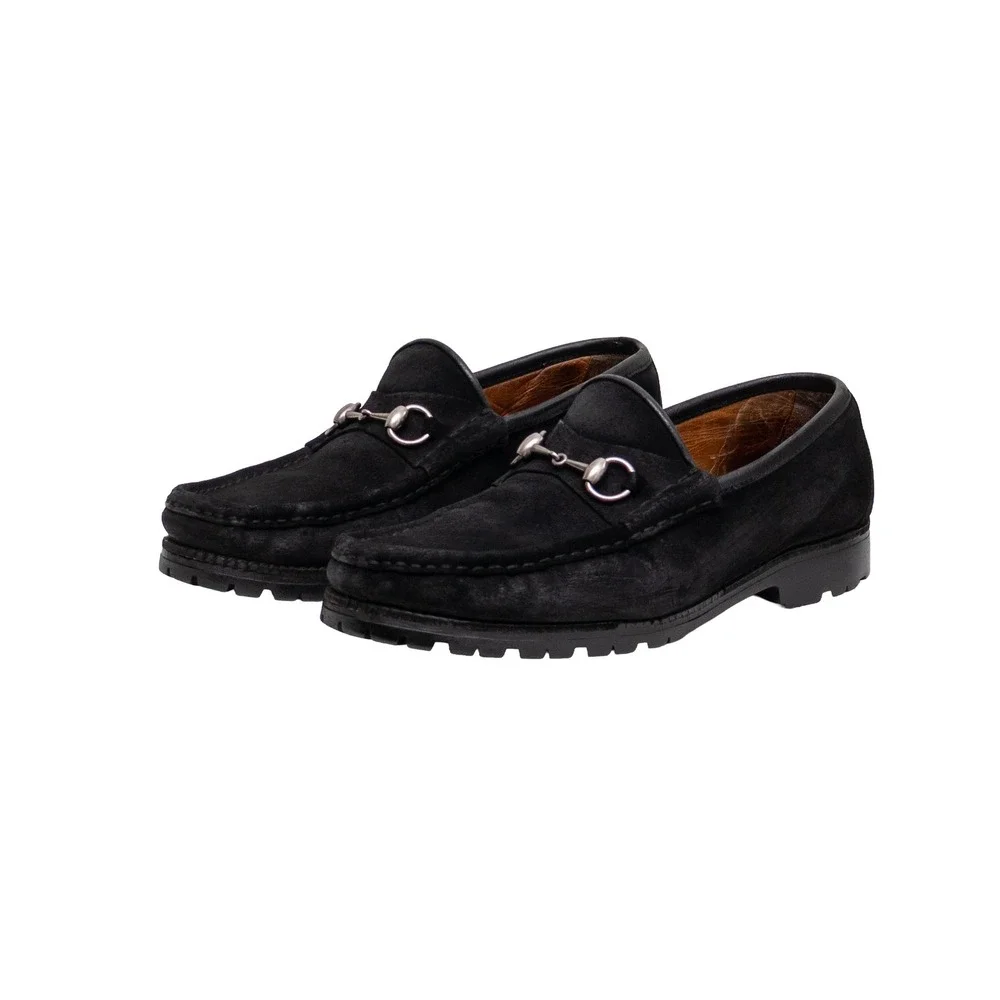 Gucci Mens Black Suede Horsebit Lug Sole Loafers Size UK 10 D Made in Italy